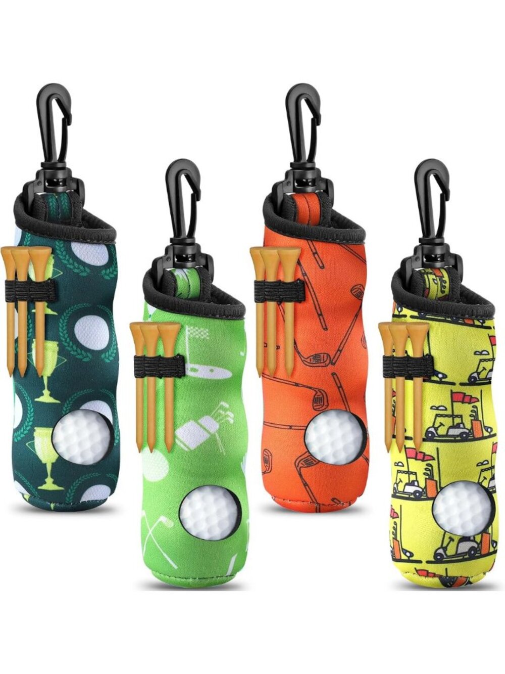 4-Piece Golf Tee Holder Set | Ball Carry Bag Pouch & Keychain Clip | Perfect